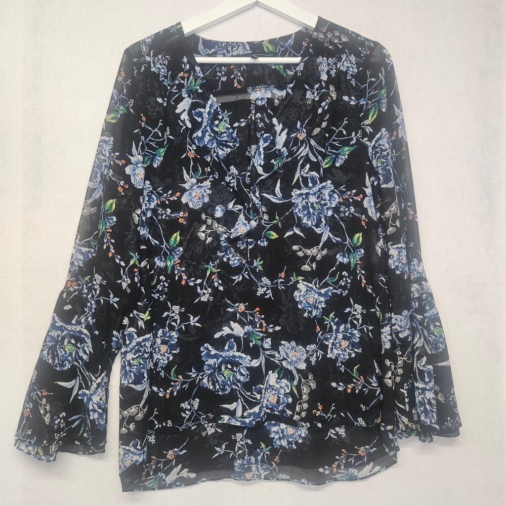 White House Black Market Black Floral Flare Sleeve Semi-Sheer Blouse Size 8